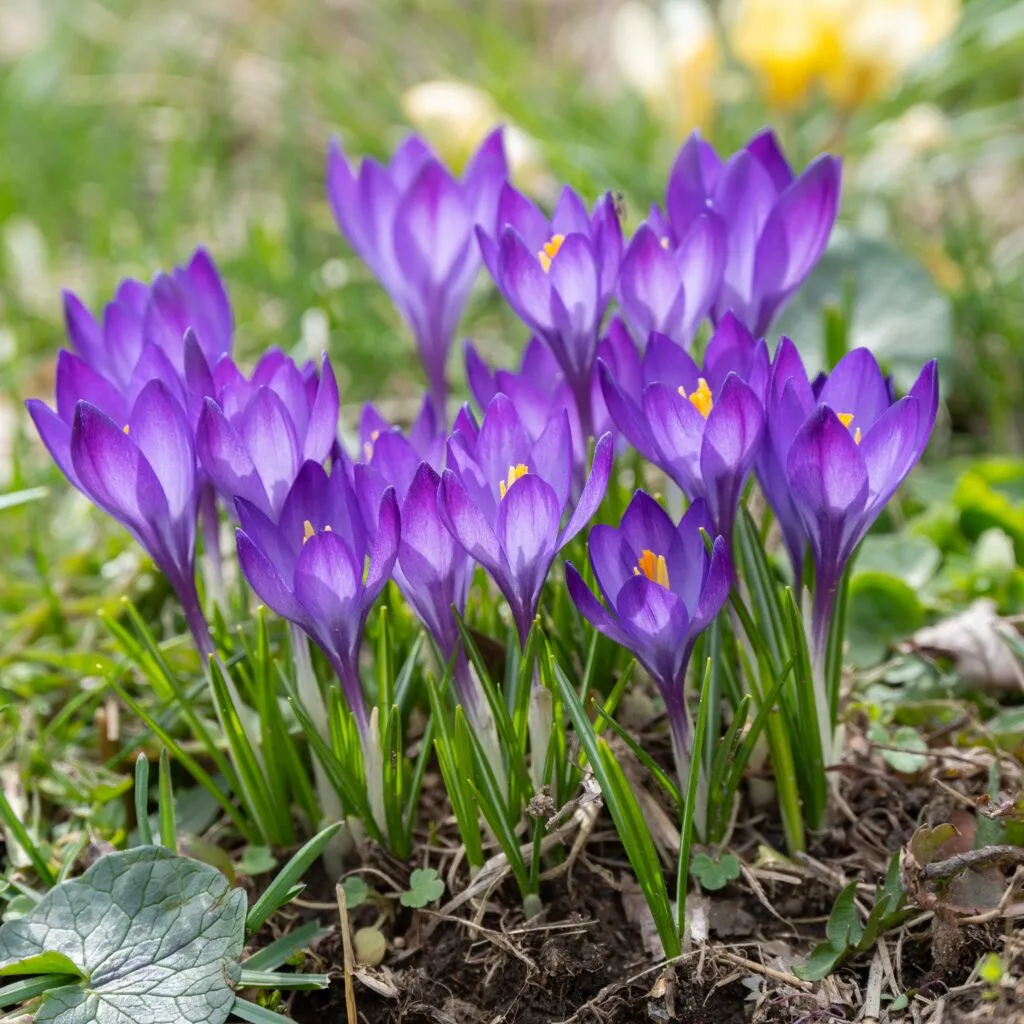 Ruby Giant Crocus bulbs from Colorblends clustered together along the edge of a lawn