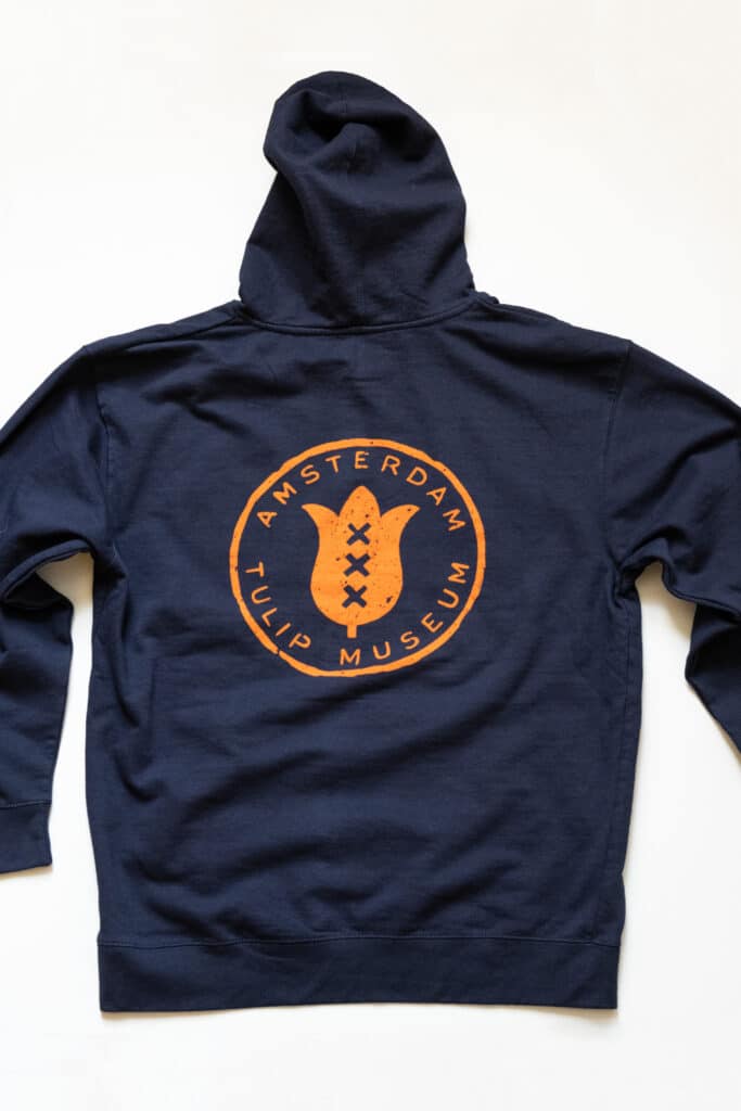 Colorblends Hoodie back. Navy blue with orange Amsterdam Tulip Museum logo.